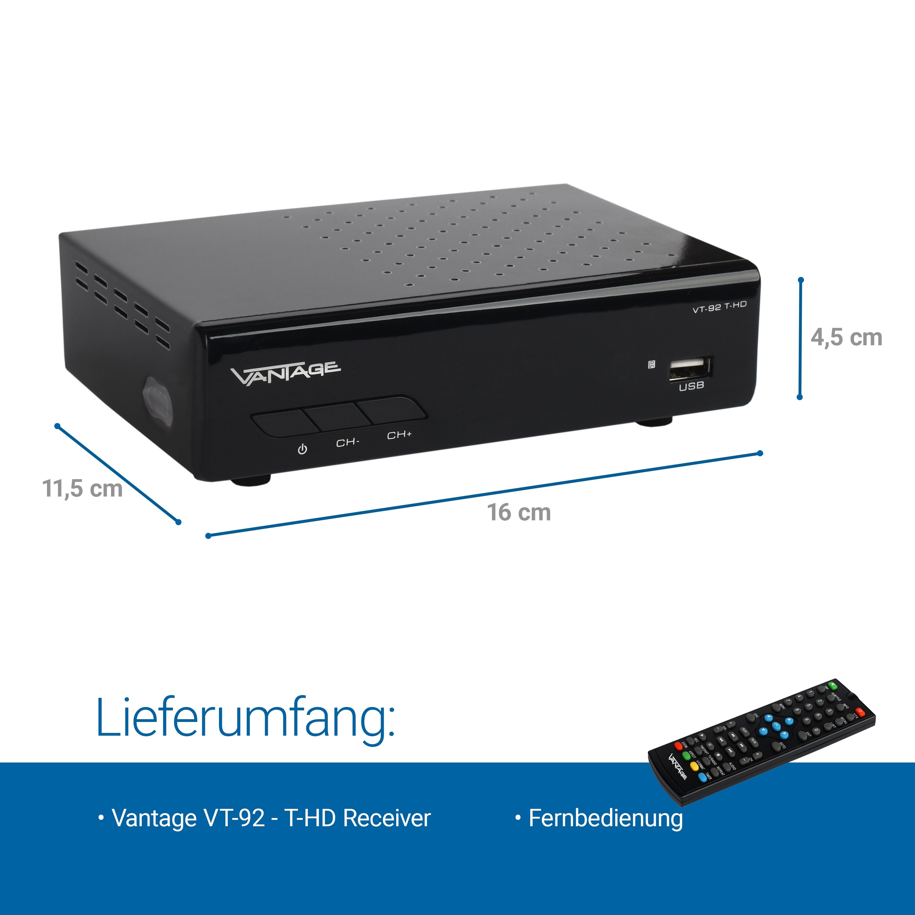 Vantage VT-92 DVB-T2 Receiver, Full HD 1080p, HDMI und SCART