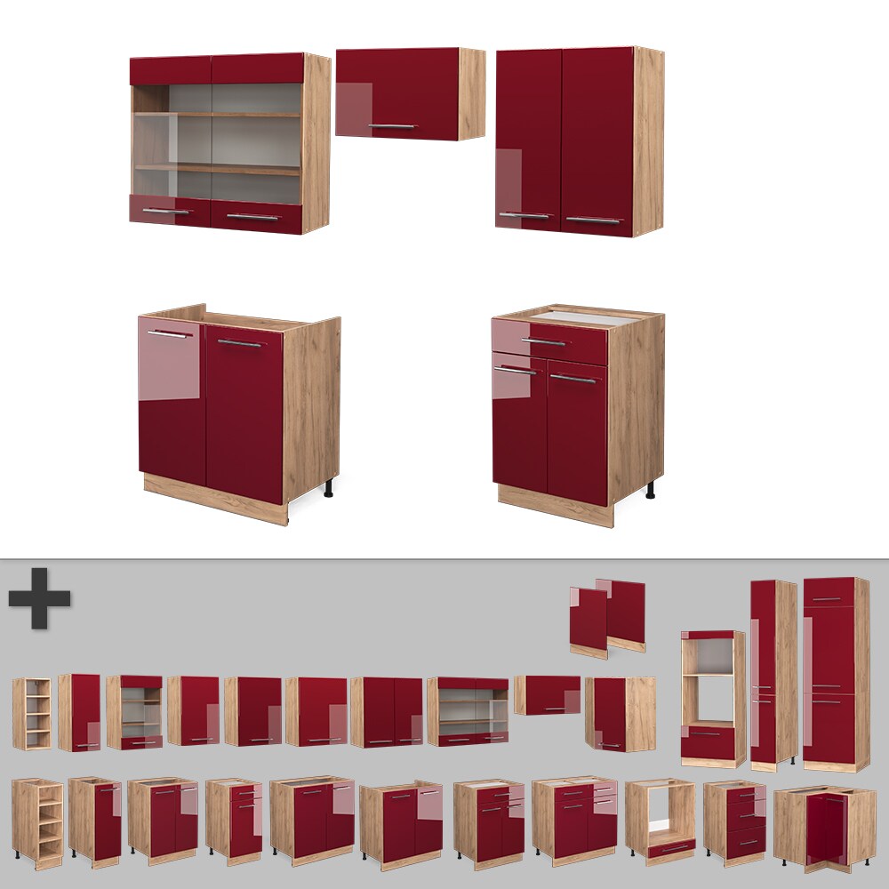 Vicco Küchenzeile Küchenblock Einbauküche Fame-Line Eiche Bordeaux Rot 200 cm modern Küchen Schränke Schubunterschrank Spülenunterschrank Hängeschrank Hängeglasschrank Hochglanz