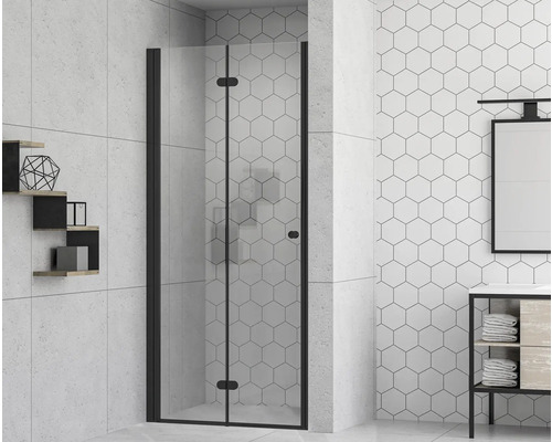 form&style douchedeur met draai-vouwdeur MODENA 90 x 195 cm, profiel zwart mat, helder glas, vuilafstotende glascoating
