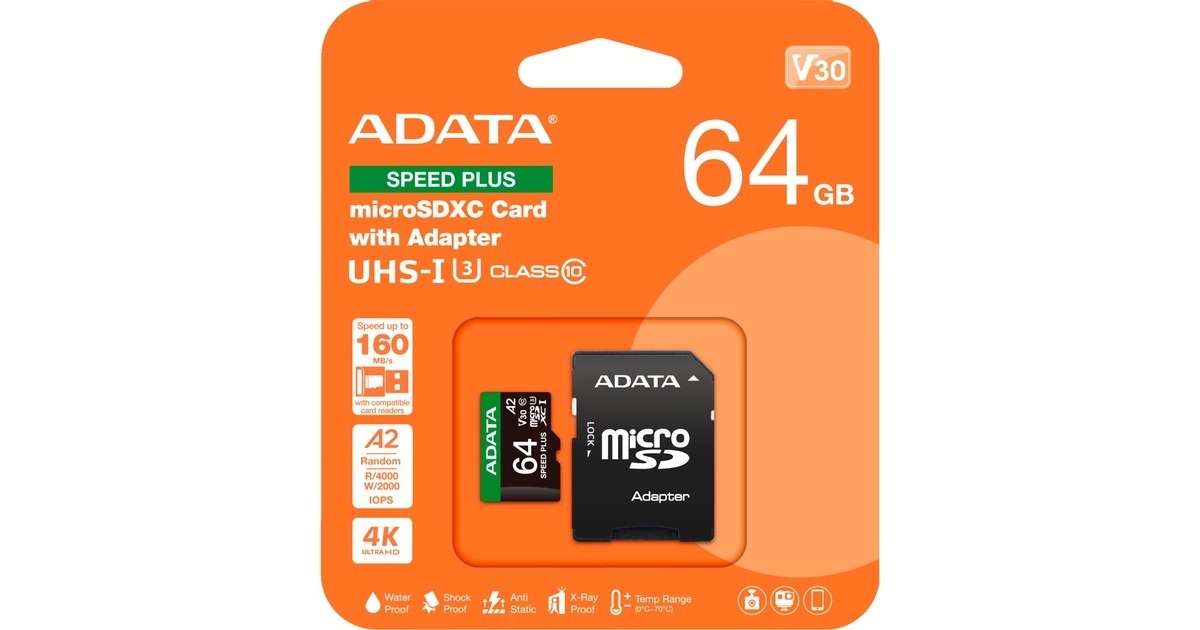 ADATASPEED PLUS microSDXC 64 GB geheugenkaart  (UHS-I U3, Class 10, V30, A2)