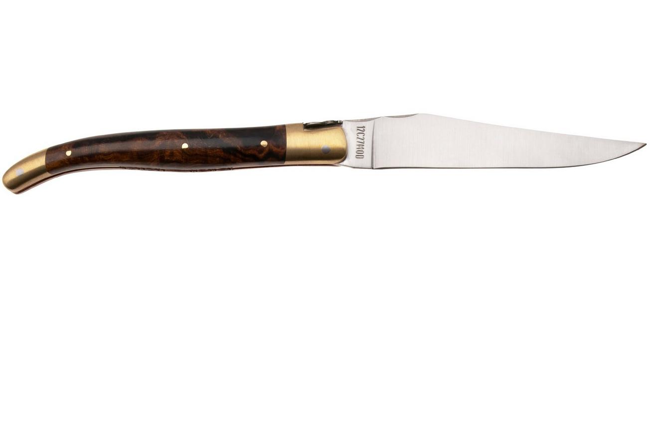 Laguiole en Aubrac Le Bijou L0212LCHB/WCBJ Ironwood Burl, Handcarved Copper Plates, Matt Brass Bolsters, zakmes, 12 cm