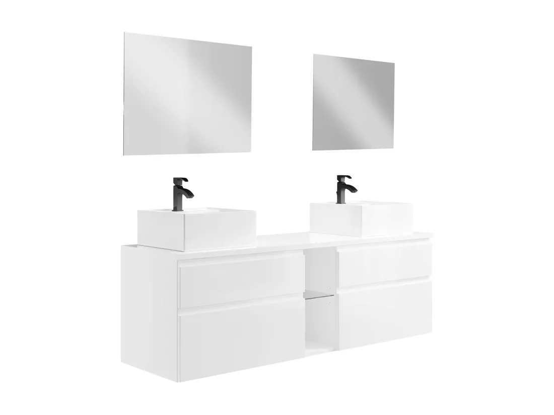Meuble de salle de bain suspendu avec double vasque et miroirs - Blanc - L150 cm - MAGDALENA II