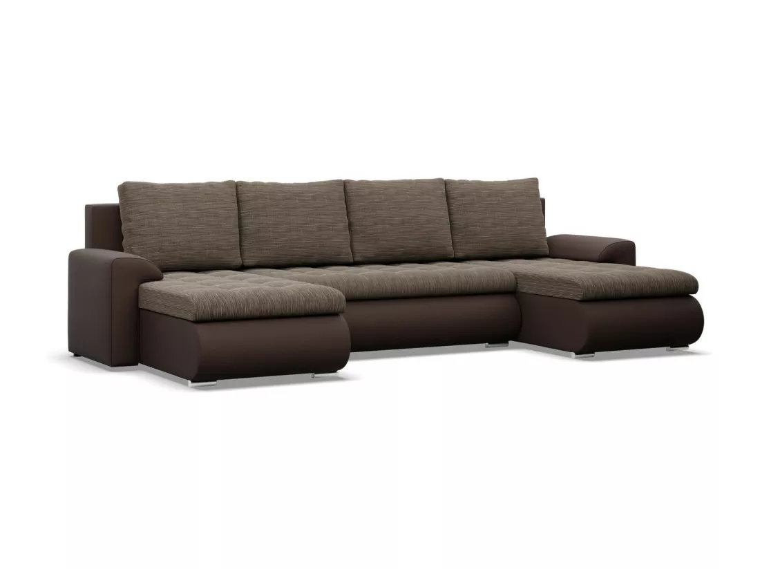 Canapé d'angle en U avec fonction sommeil, 2 méridiennes, Brun + Brun