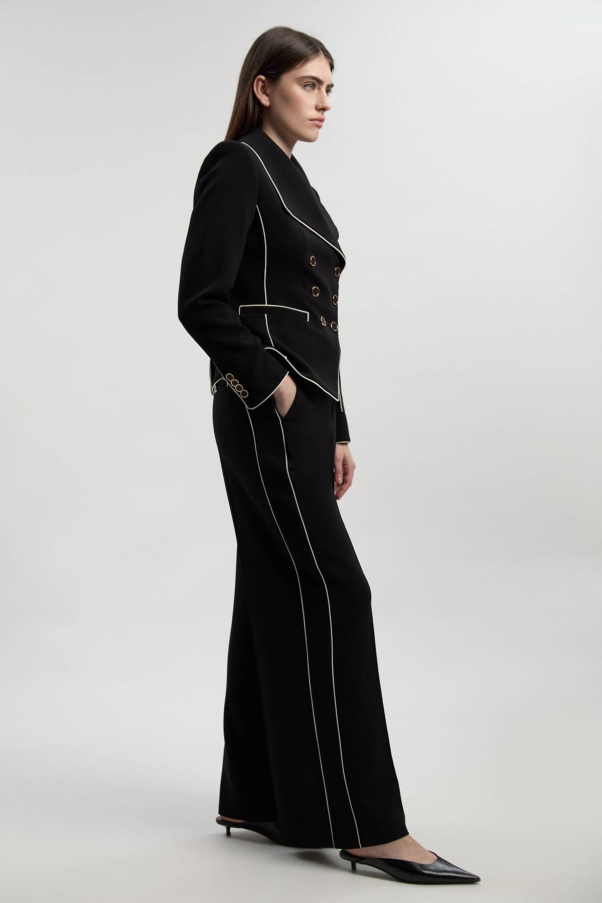KarenMillen Pantalon Tailleur Jambe Large à Stretch Compact avec Liserés Contrastants