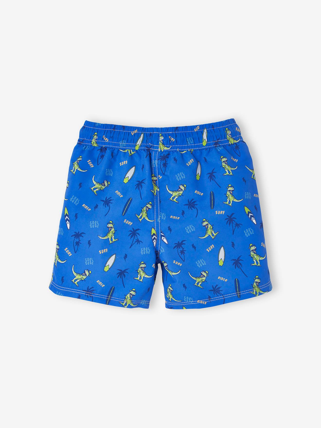 Calção de banho infantil com estampa de dinossauro, estampa azul escura.