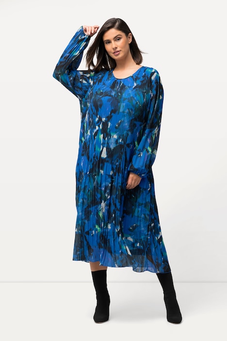 Plissee-Kleid, Blätter, A-Linie, Rundhals, Langarm