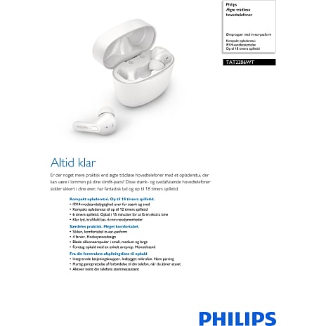Philips TAT2206WT ægte trådløse øretelefoner med mikrofon - hvid