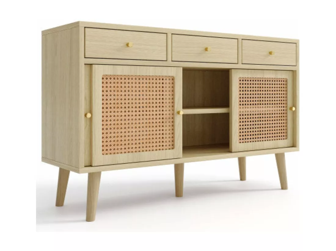 Buffet en chêne avec tiroirs et porte coulissante en rotin, coloris chêne,d120cm×h78cm