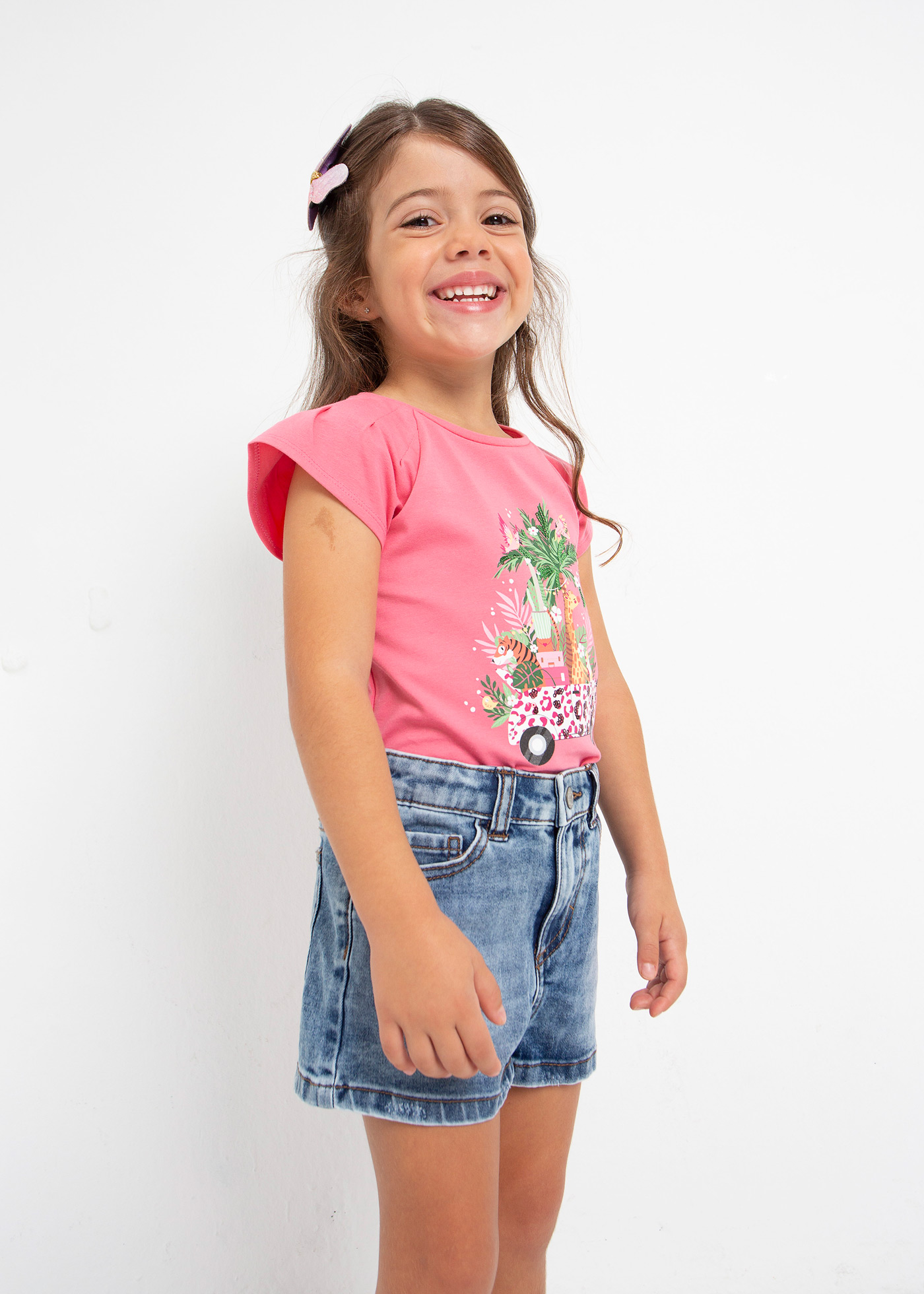 Camiseta de algodão de manga curta com estampa para meninas