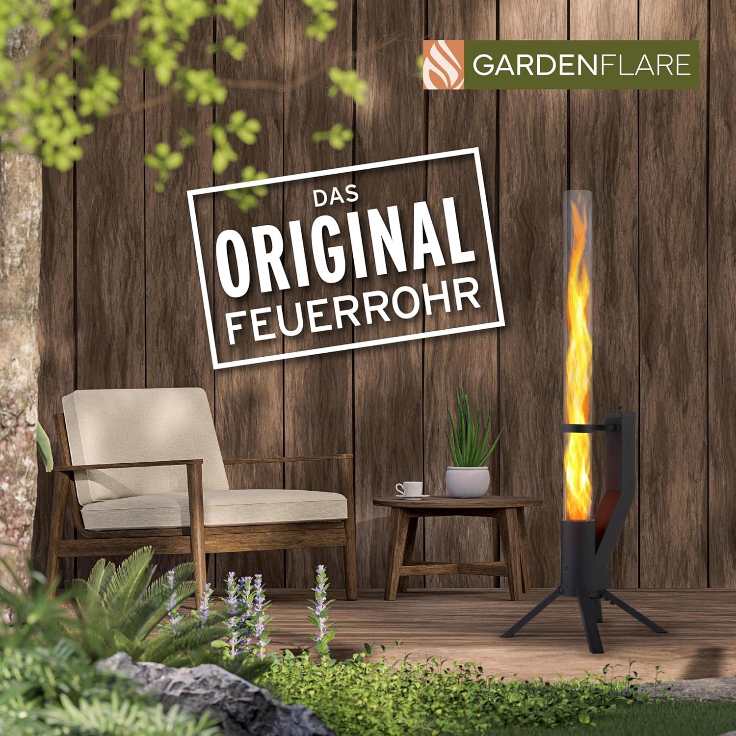 Feuerrohr Klassik – Edelstahl Feuersäule und Pelletfackel für Tolles Ambiente-Feuer – Terrassenheizer und Gartenkamin Alternative für Deine Terrasse und Garten (Schwarz Pulverbeschichtet)
