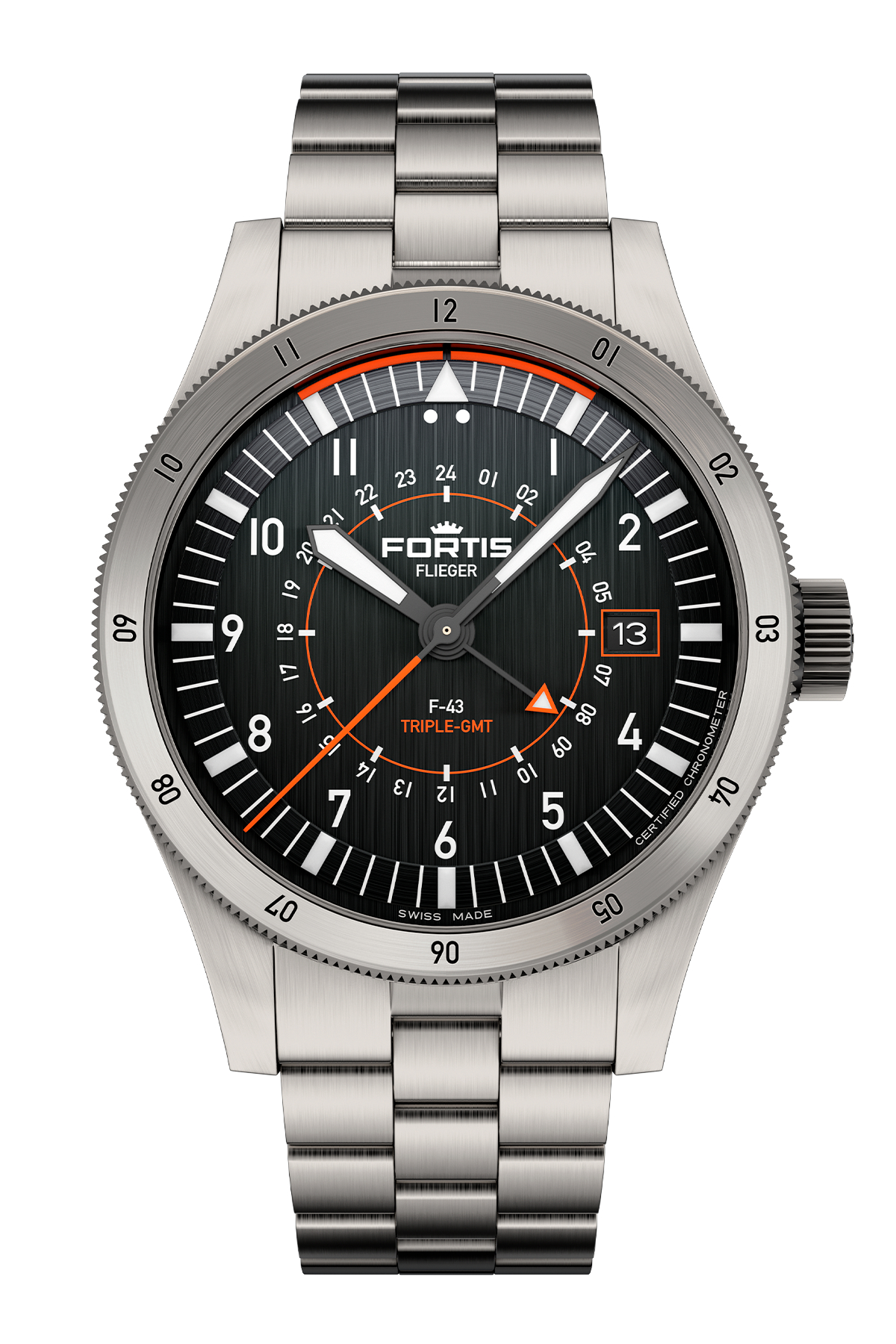 Fortis Flieger F-43 Triple GMT Black/Orange F4260000