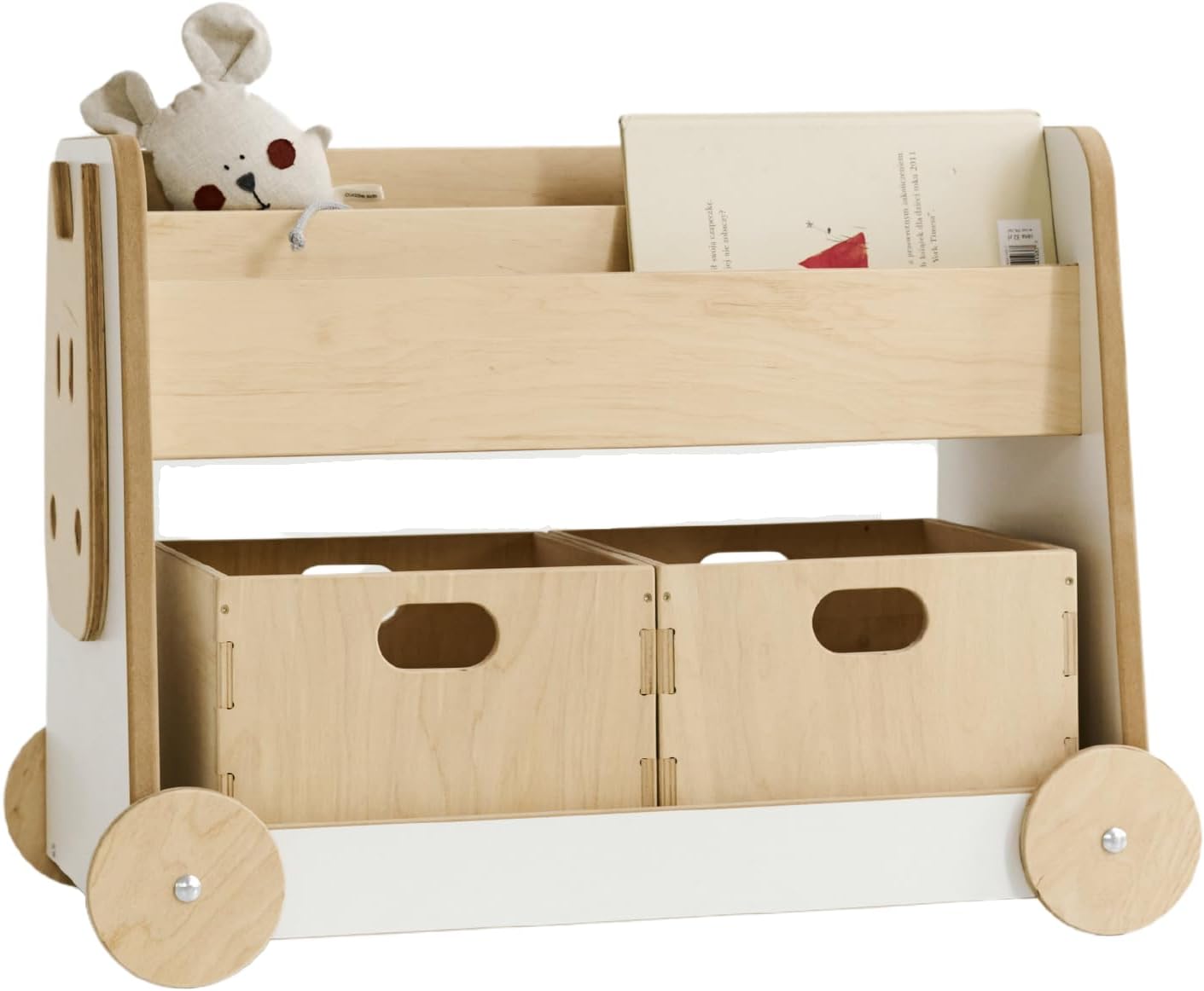 Babywood Holzbuchregal auf Rädern | sicheres Buchregal für Kinder | Kinderregal mit 2 Spielzeugkisten | Montessori-Buchregal | Lagerbuchregal | Bücherregal mit Zwei Holzspielzeugkisten
