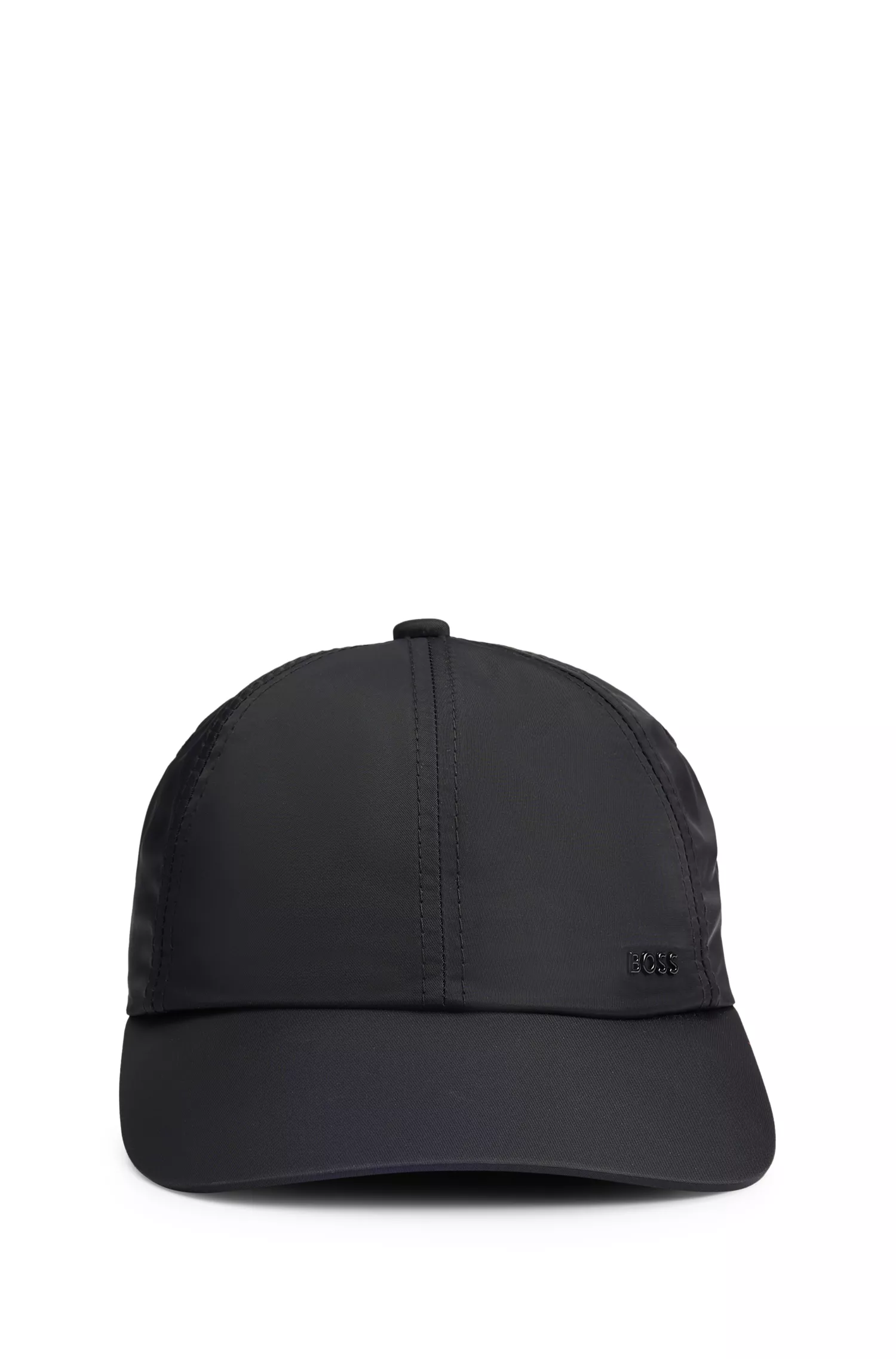 Boné BOSS preto de seis painéis, repelente à água, com logotipo metálico.