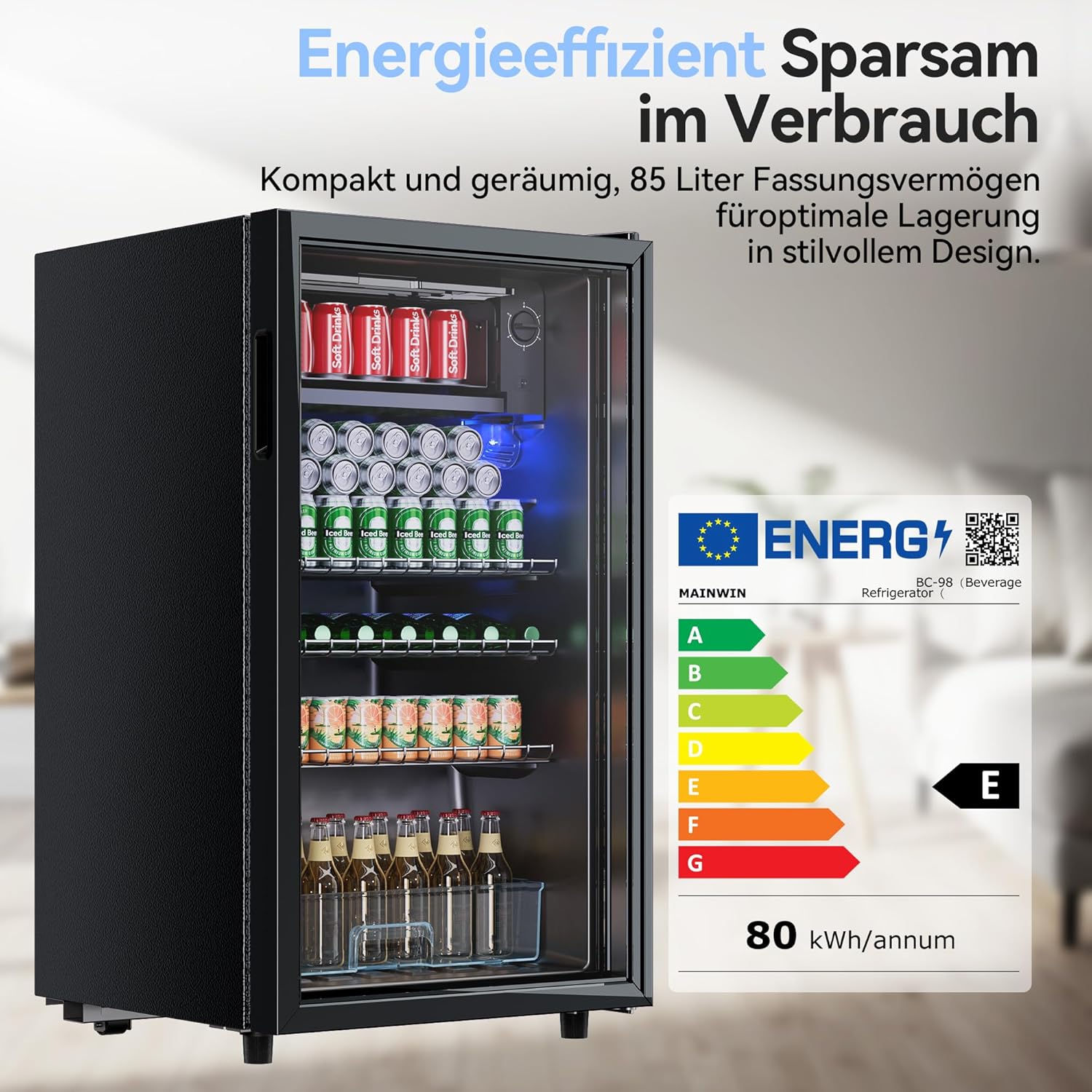 93L Getränkekühlschrank,Mini-Kühlschrank für 140 Dosen, mit Glastür kleiner Kühlschrank,LED | 3 Verstellbare Ablageböden für Soda/Bier/Wein | Perfekt für Homebar, Partys, Gastronomie