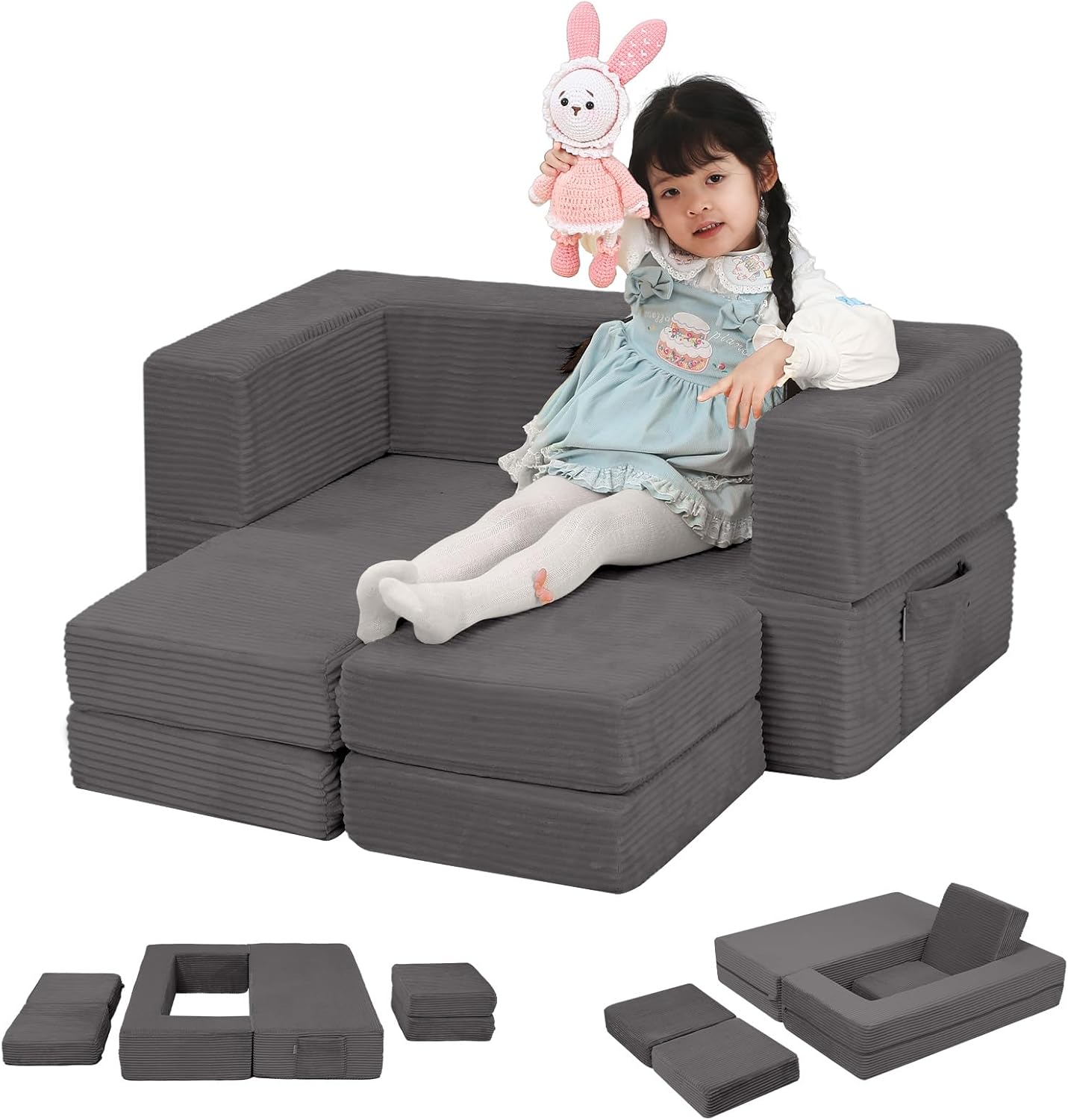 MeMoreCool Kindersofa aus Cord, Ausklappbares Schaumstoff Sofa, Modulare Mini Couch für Kinderzimmer & Schlafzimmermöbel, Anthrazit