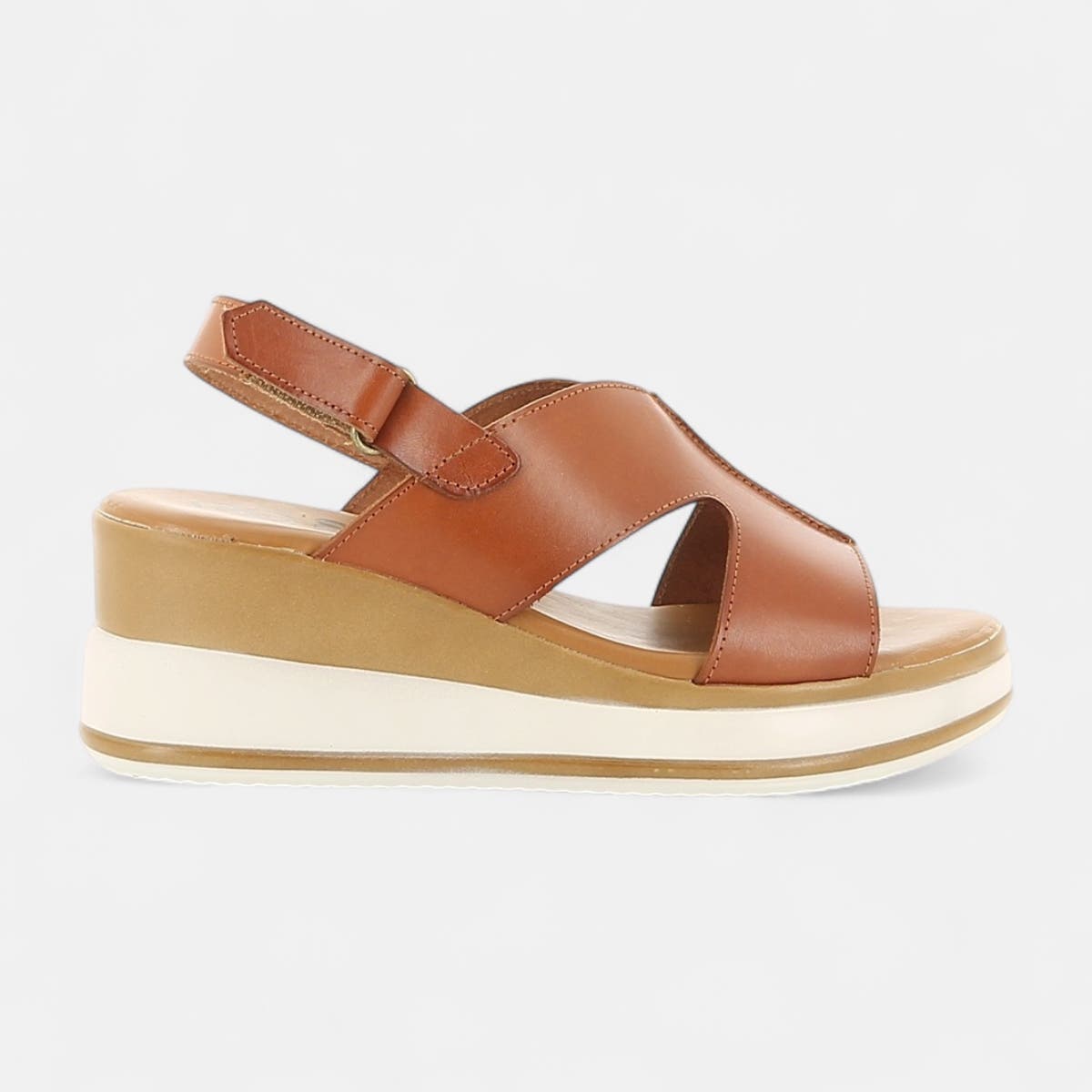 Nu-pieds à talon compensé Femme en cuir cognac