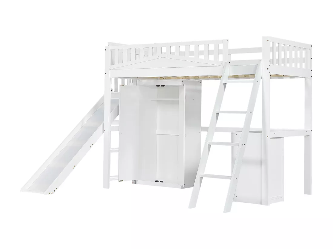Lit mezzanine en bois 90x200 cm - avec bureau + armoire + toboggan - Blanc