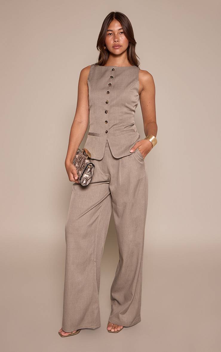 Taupe Pantalon Large Plissé En Tissu Tissé Ajusté