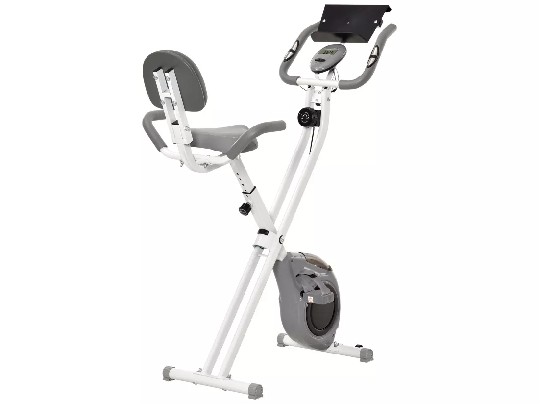 Vélo d'appartement pliable grand confort dossier selle réglable poignées ergonomiques écran LCD multifonction support tablette acier blanc gris