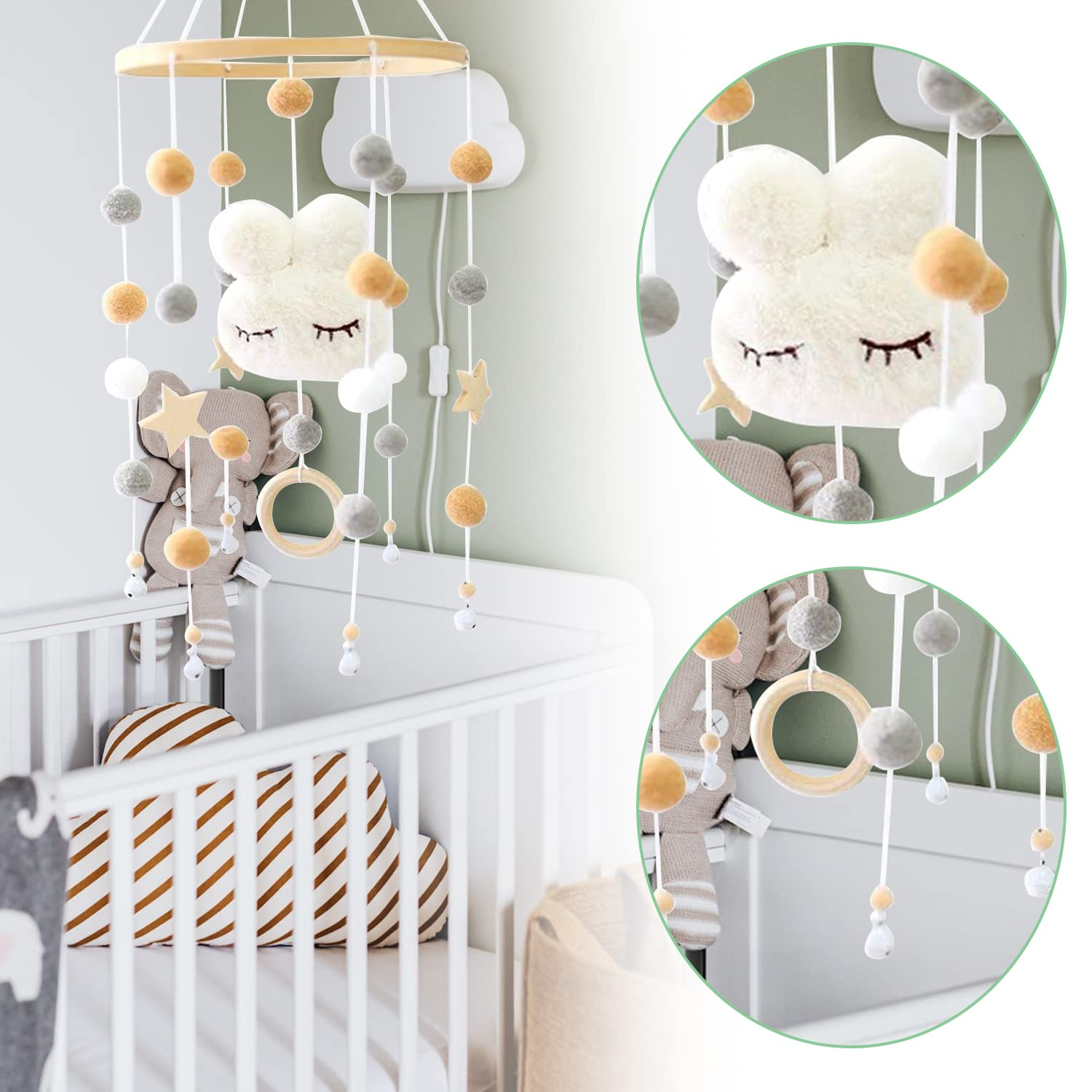 Baby Holz Mobile Babybett Spiel Bogen Kinderzimmer Hasen Dekoration mit Glöckchen / Greifling - Braun / Grau / Weiss