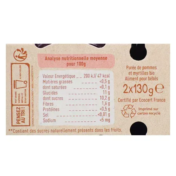 Babybio Frutas em Pote Maçã Mirtilo Orgânico +4 meses 2 x 130g