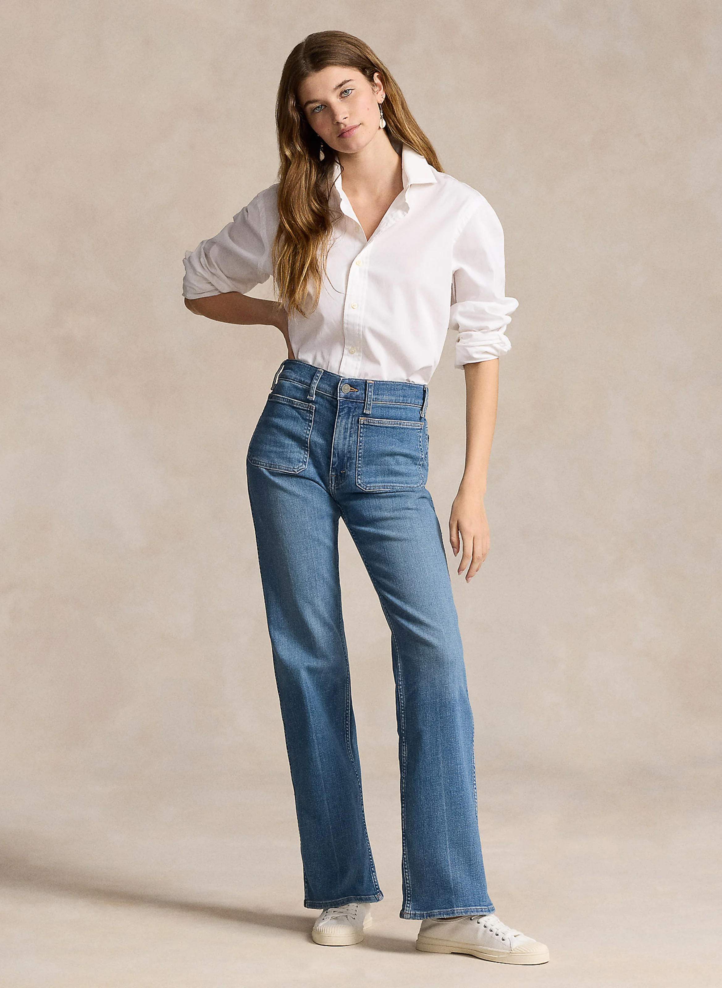 Jean bootcut taille haute en coton mélangé | Bleu