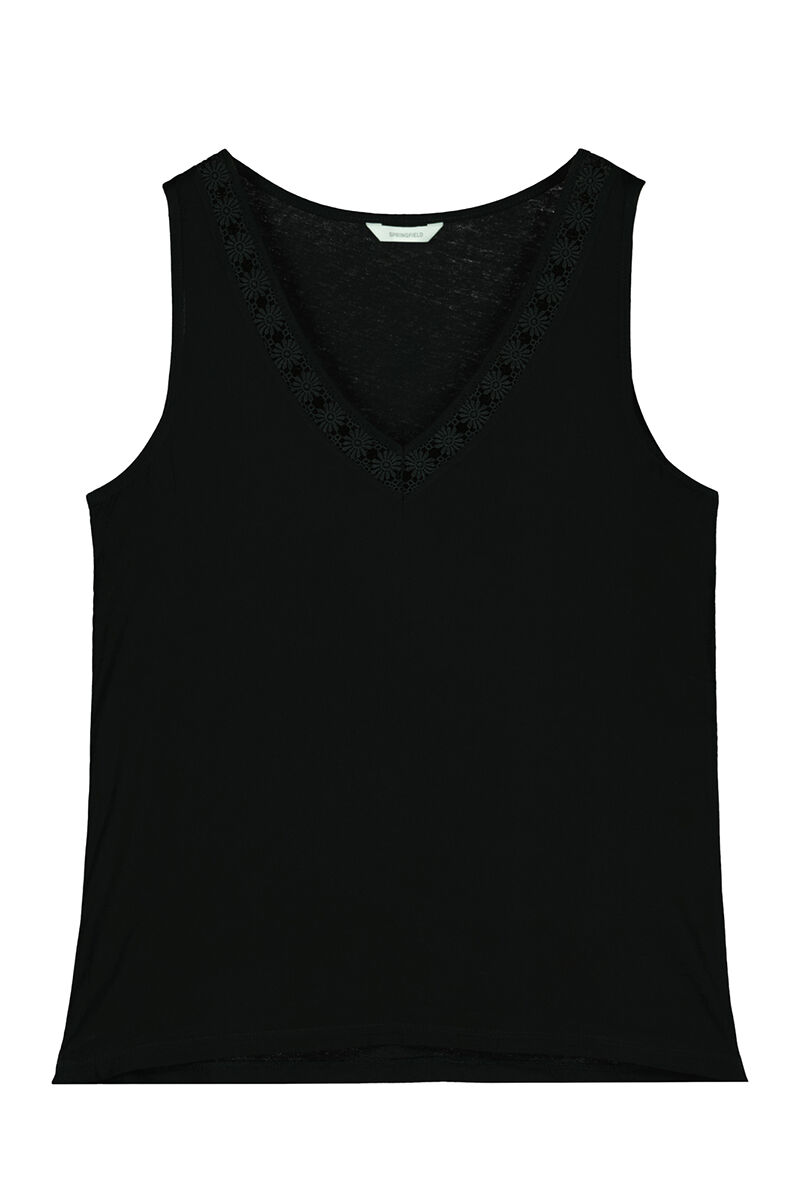 Blusa bicolor com decote em V e renda - preta