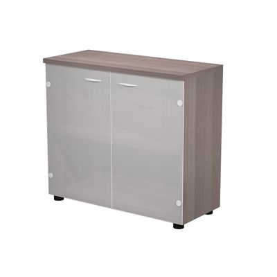 Bibliothèque basse Trend - L80xP35xH72 cm - 2 portes en verre dépoli - imitation frêne Toscan