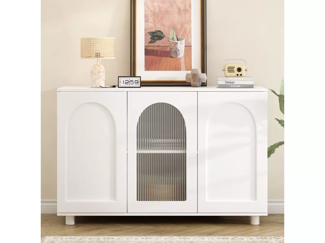 Buffet moderne avec 3 portes - 120 x 40 x 78.5 cm - MDF et panneaux de particules - pour salon ou cuisine - Blanc