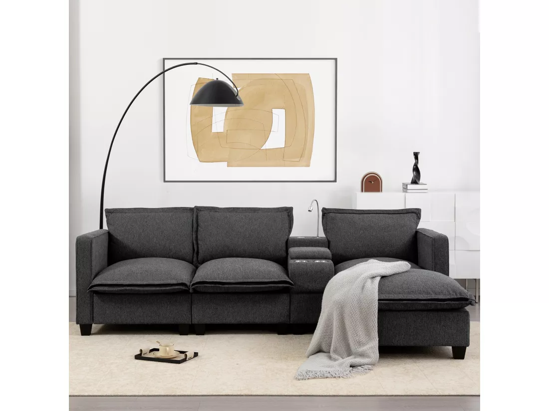 Canapé 3 places en chenille - avec USB et liseuse - avec porte-gobelet et avec repose-pieds - Gris