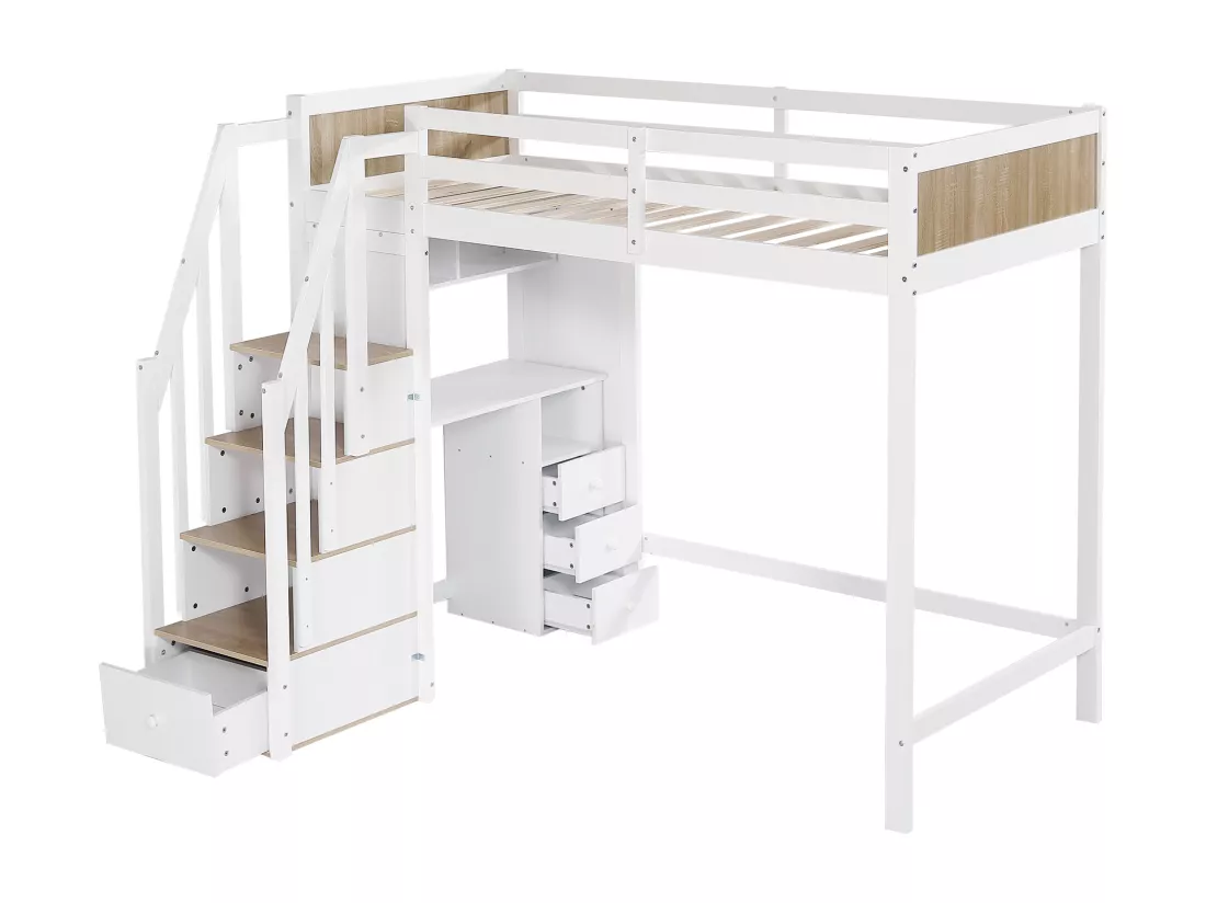 Lit mezzanine en bois - 90x200 cm - avec bureau、étagères et escalier de rangement - Blanc