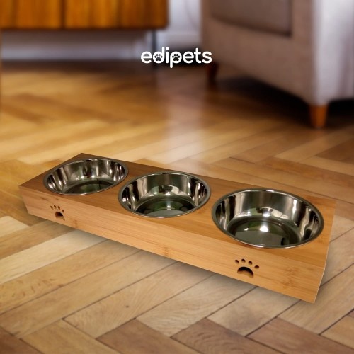 Alimentador triplo de madeira Edipets para cães e gatos.