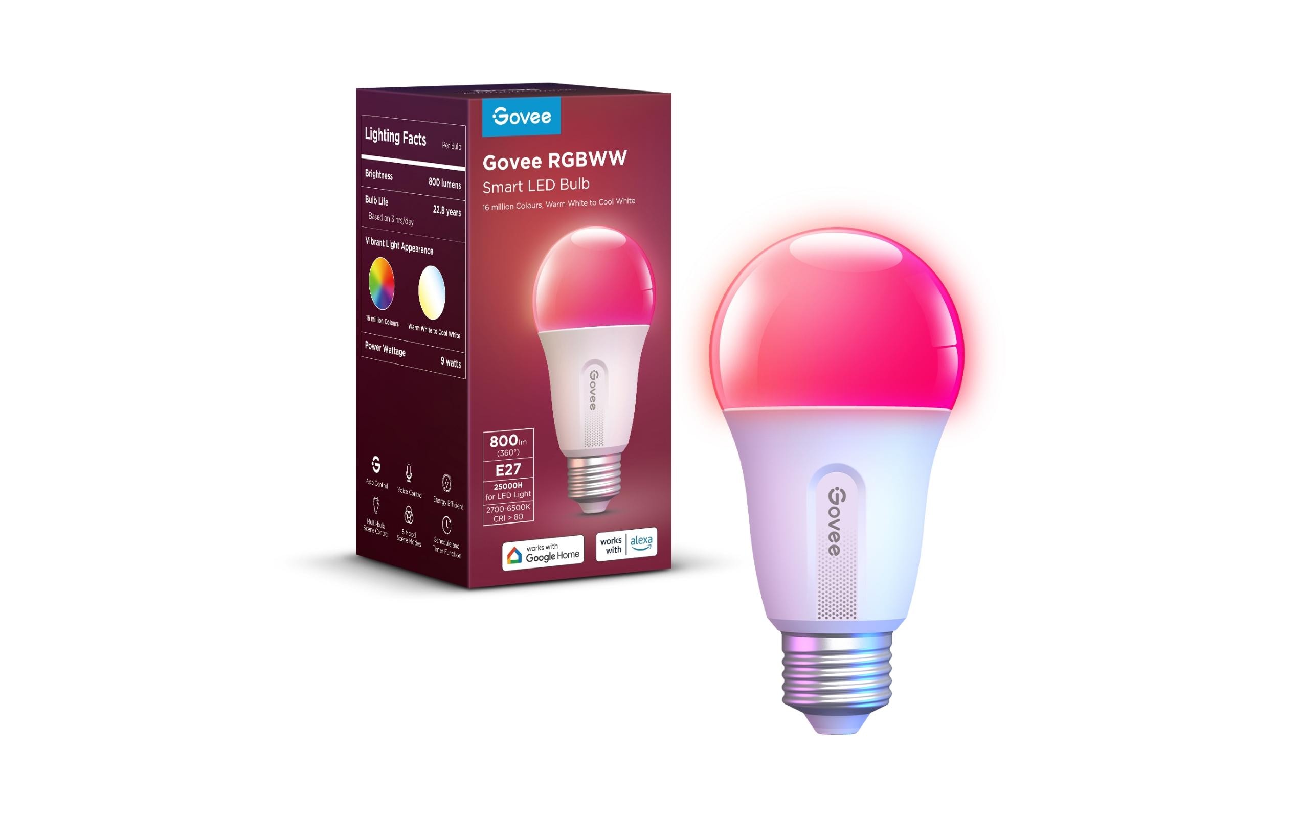 Smart LED Bulb, 800 lm, E27, RGBWWSmart WiFi Leuchtmittel RGBWW