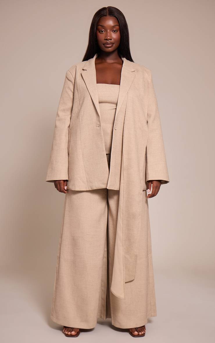 Gris Pierre Blazer Oversize Coordonné Avec Détail Foulard Drapé Tissé Plus