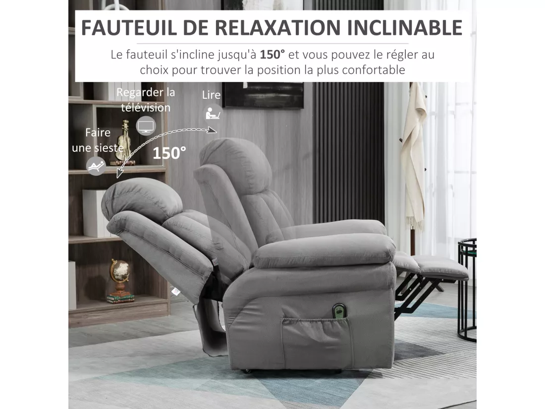 Fauteuil de relaxation électrique fauteuil releveur inclinable avec repose-pied ajustable tissu gris
