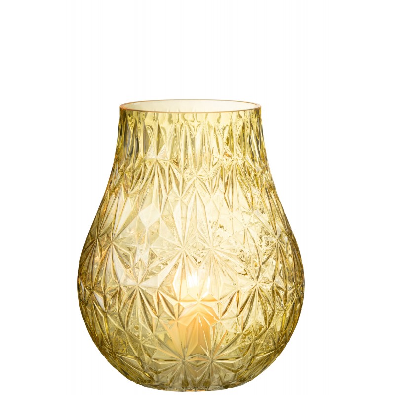 Vase tou photophore taillé en verre jaune 22x22x28cm