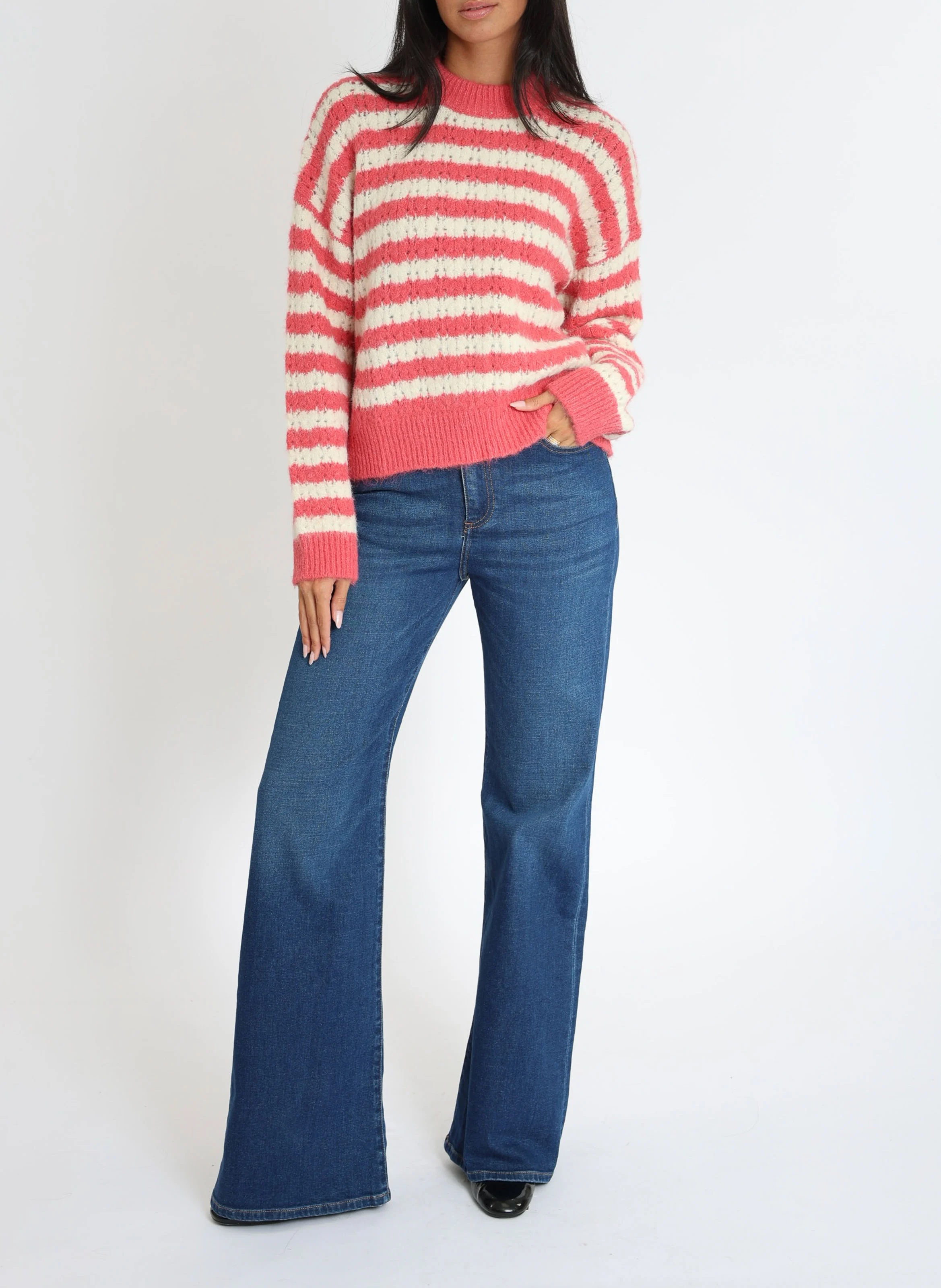 CENDY - Pull ample col rond rayé en maille mélangée | Rose