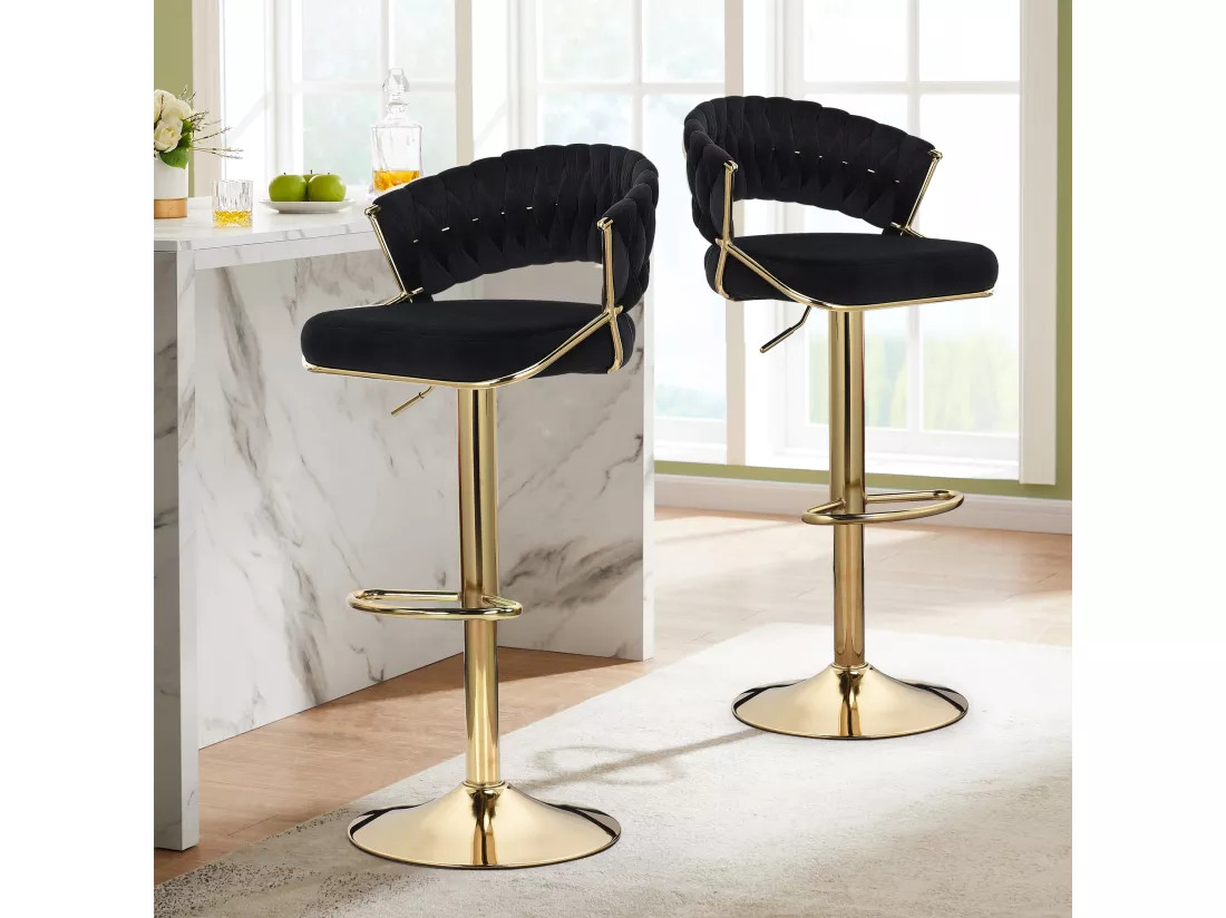 Tabouret de Bar Velours, Lot de 2 Tabouret Bar Réglable Chaise Bar Haute Tabourets de comptoir avec Pied Doré, Chaise Haute Bar pour Bar/Îlot de Cuisine (Noir)
