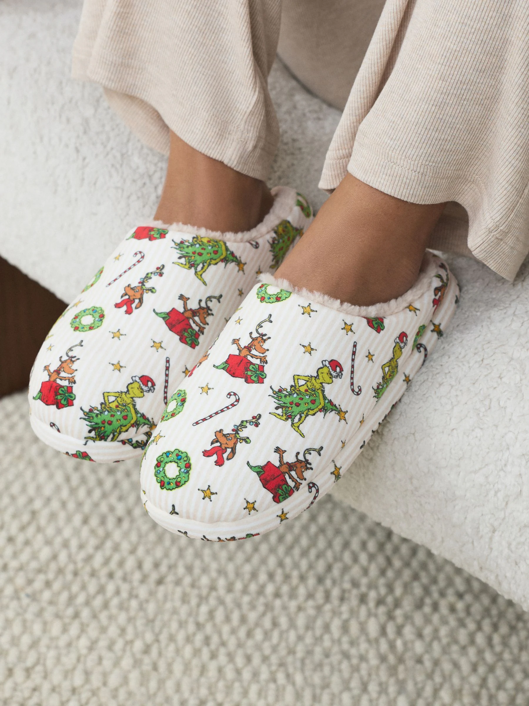 Crème - Grinch Kerstmis Bijpassende Familie Muiltjes Pantoffels