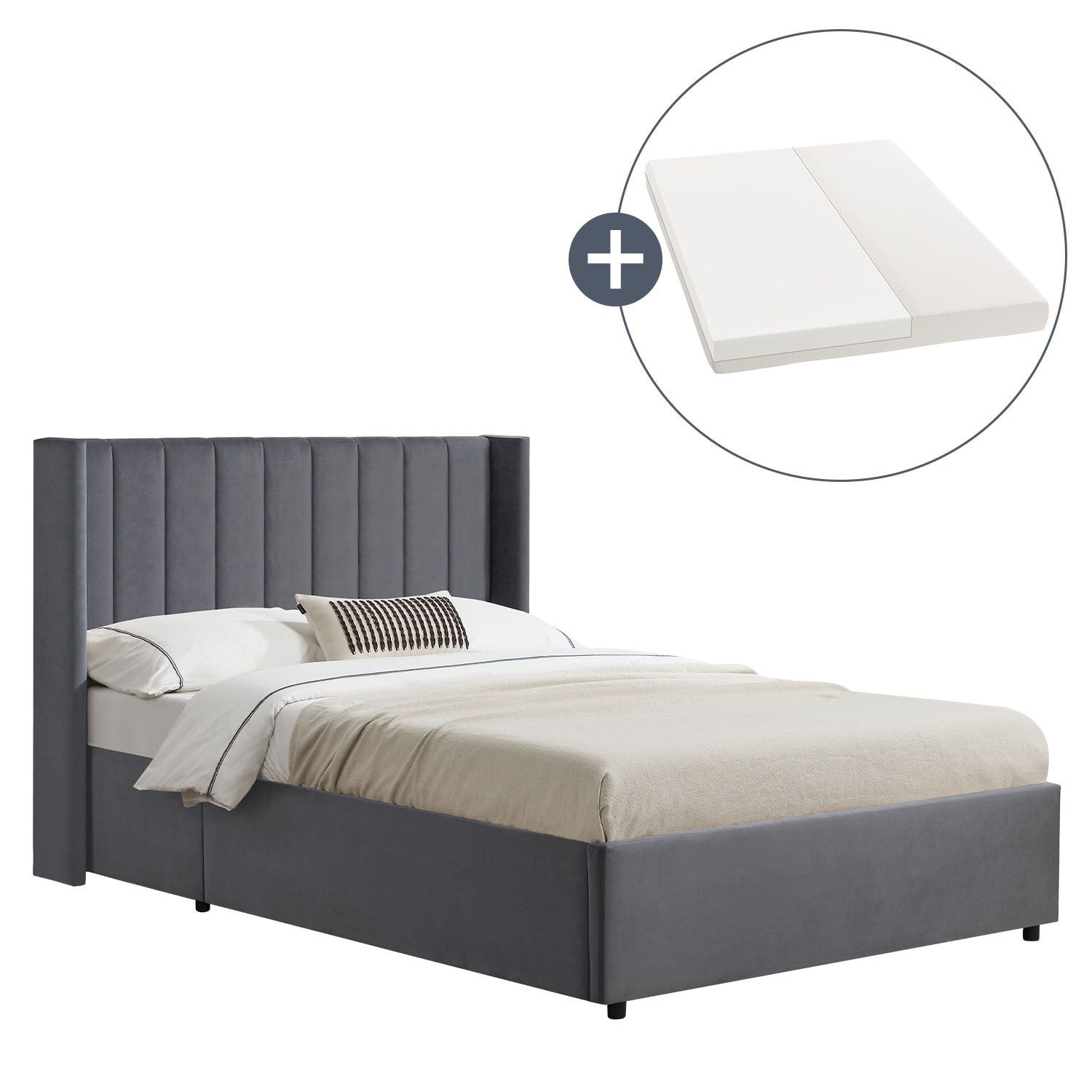 Juskys Polsterbett Savona 140x200 cm mit Stauraum, H3 Matratze, Samt-Bezug, bis 250kg - Dunkelgrau