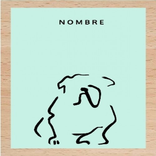 Ilustração de um buldogue com moldura de madeira cor menta.