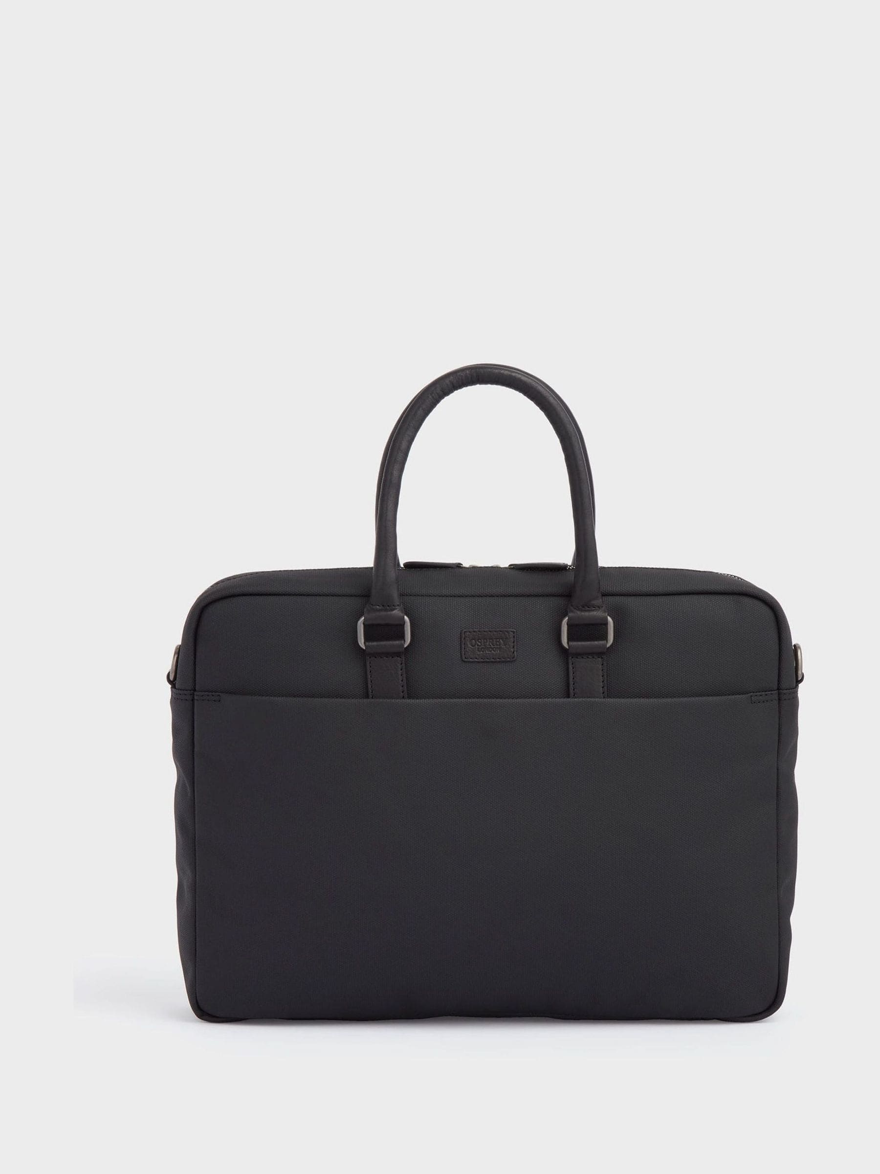 Grijs en zwart - OSPREY LONDON - Gewaxte canvas en glanzende kalfsleren Grantham laptoptas