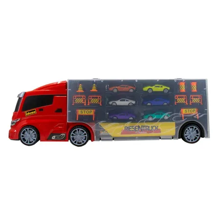 Idena Spiel-Truck mit integriertem Autokoffer, inklusive 6 Spielzeugautos und 10 Verkehrszeichen