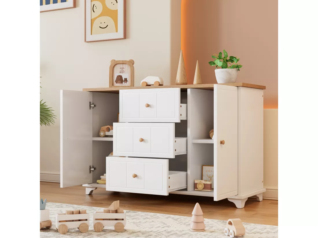 Commode moderne - 3 tiroirs et étagères réglables - en MDF et panneaux de particules - Blanc & Naturel