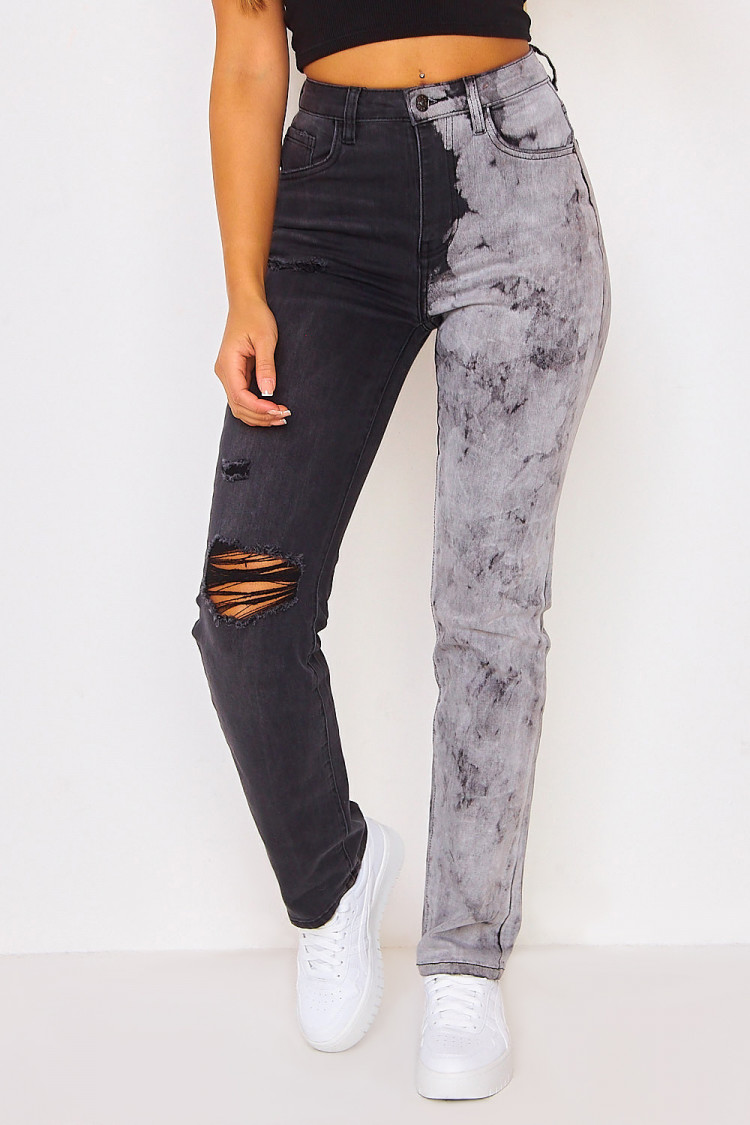Jean Mom tie and dye déchiré noir/gris