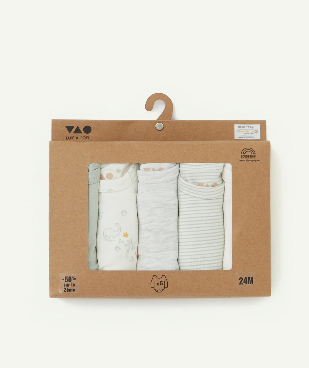 LOT DE 5 BODIES BÉBÉ GARÇON EN COTON BIO VERT D'EAU