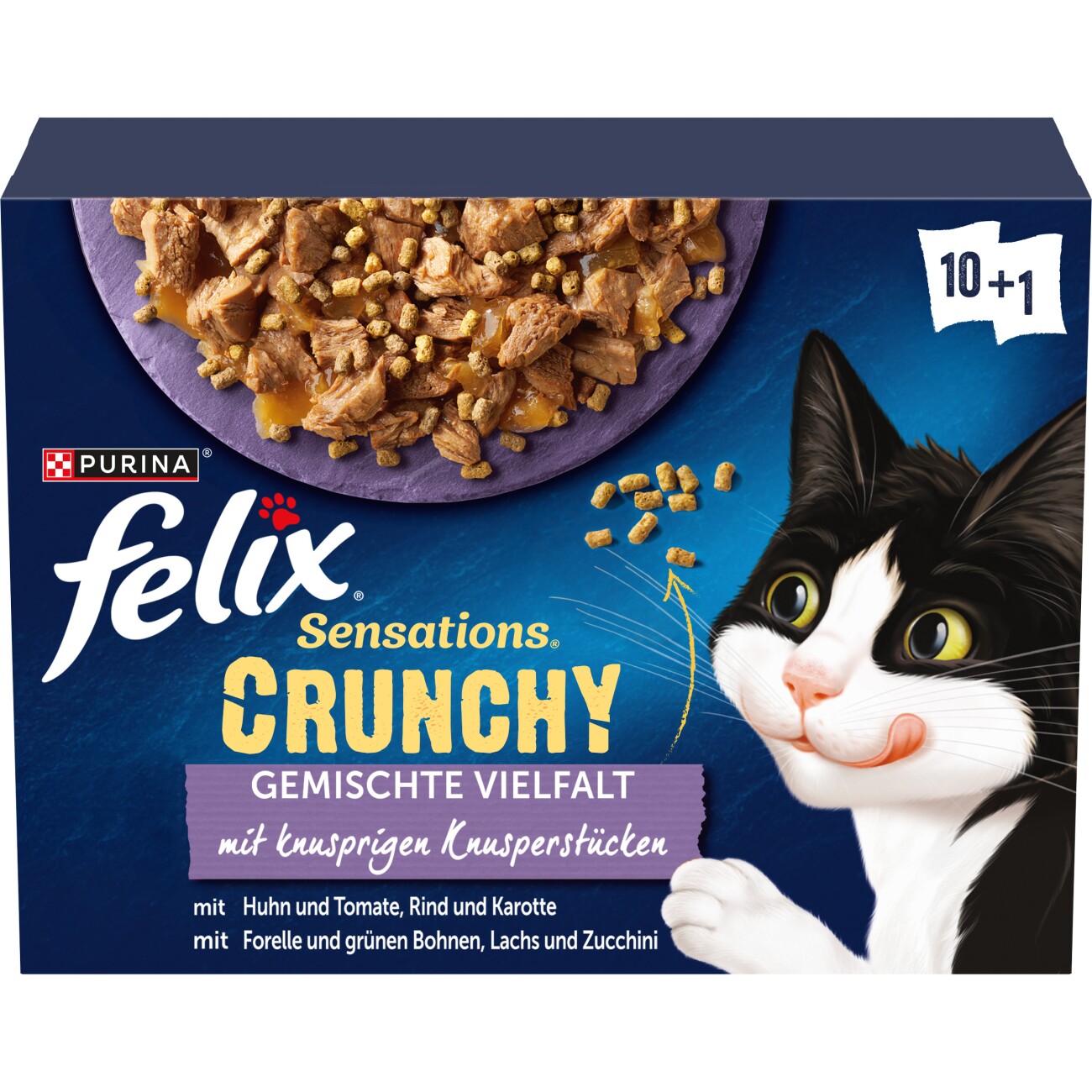 Felix Sensations Crunchy 10x85g + 40g Knusperstückchen Geschmacksvielfalt mit Gemüse