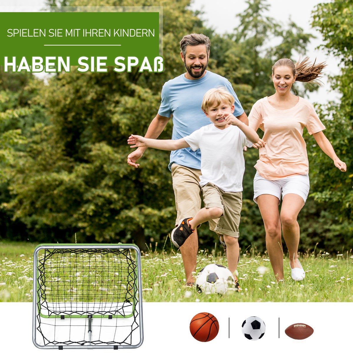 HOMCOM Voetbal Rebounder, Kickback Goal, Dubbelzijdige Rebound, Verstelbaar in 5 Niveaus, 75 x 75 x 64 cm, Metaal, Groen+Zwart