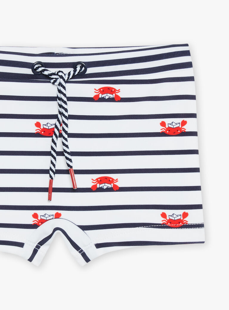 Boxer de bain bleu marine et blanc à imprimé à rayures et crabes