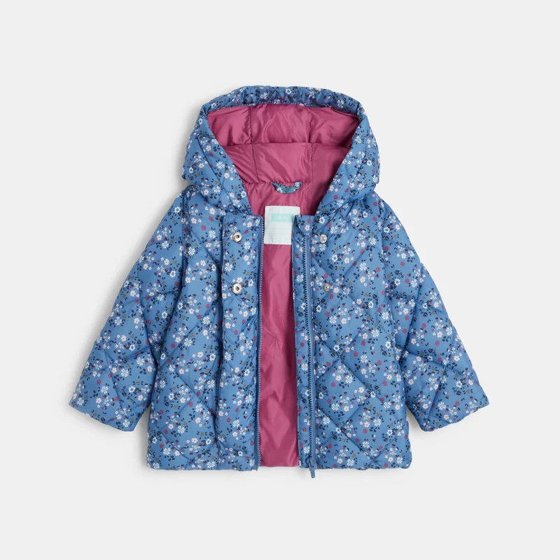 Doudoune matelassée fleurie bleu bébé fille Gris ou noir
